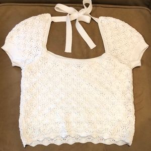 Gab & Kate Crochet Crop Top White Short Sleeve Lined Tie Size L Excellent Cond.!